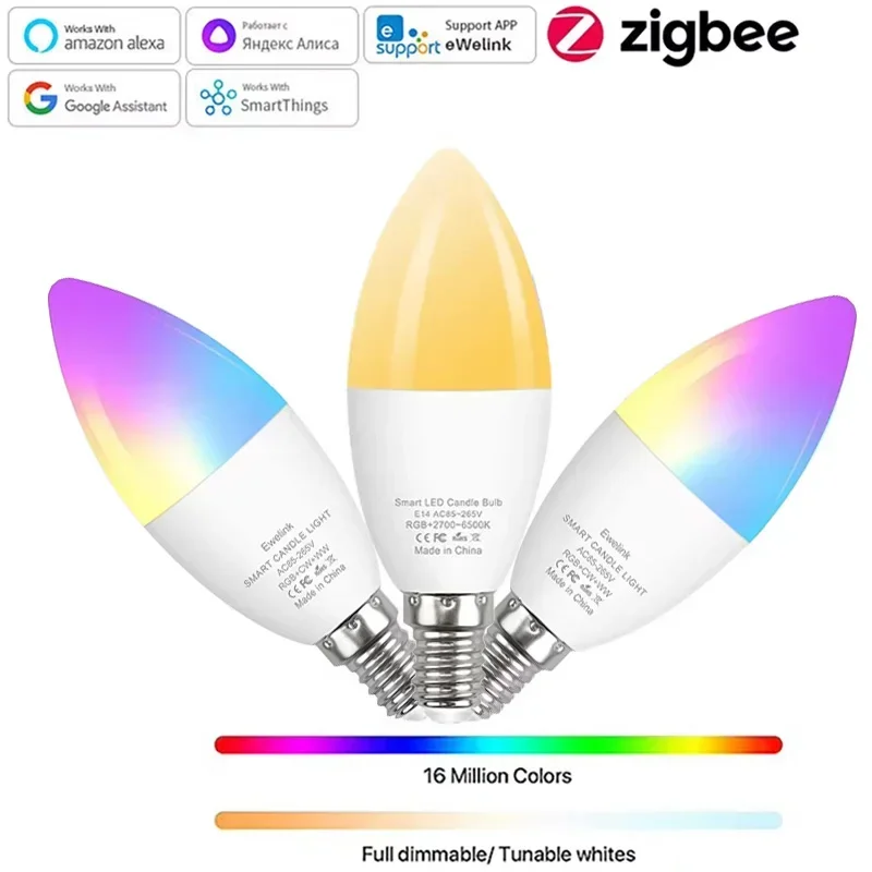 

Светодиодные лампы ZigBee E14, умная свеча с регулируемой яркостью, RGB + WW + CW, светодиодная лампа для Alexa Google Home Alice eWelink, управление через приложение