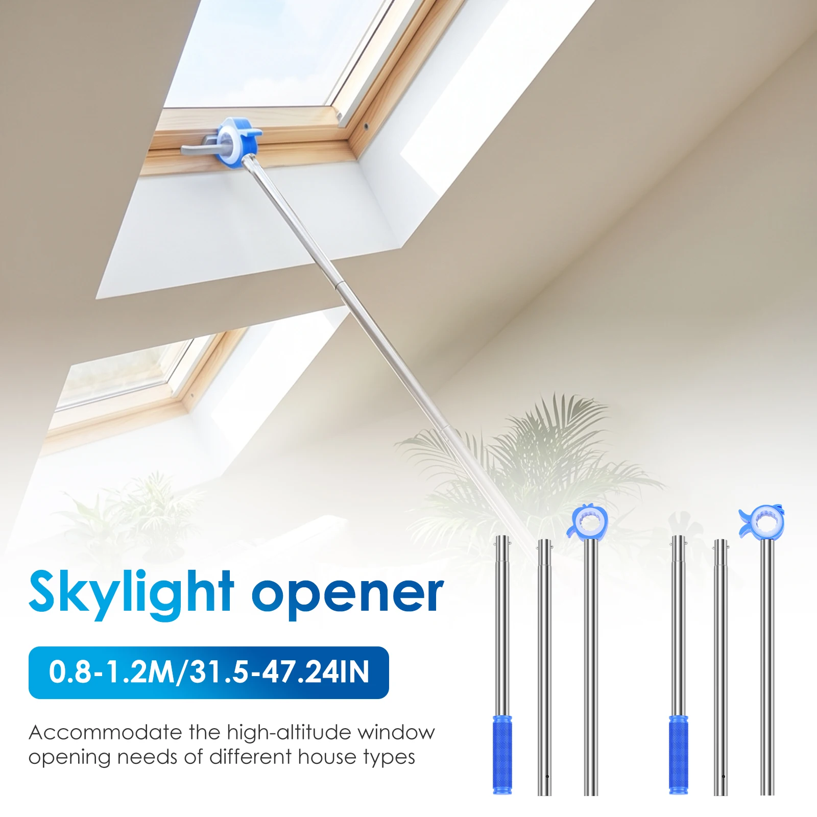 Window Opener Pole Telescopic with Hook Stainless Steel Window Opening Rod Multi Part Skylight Opener Pole for Skylight High Win