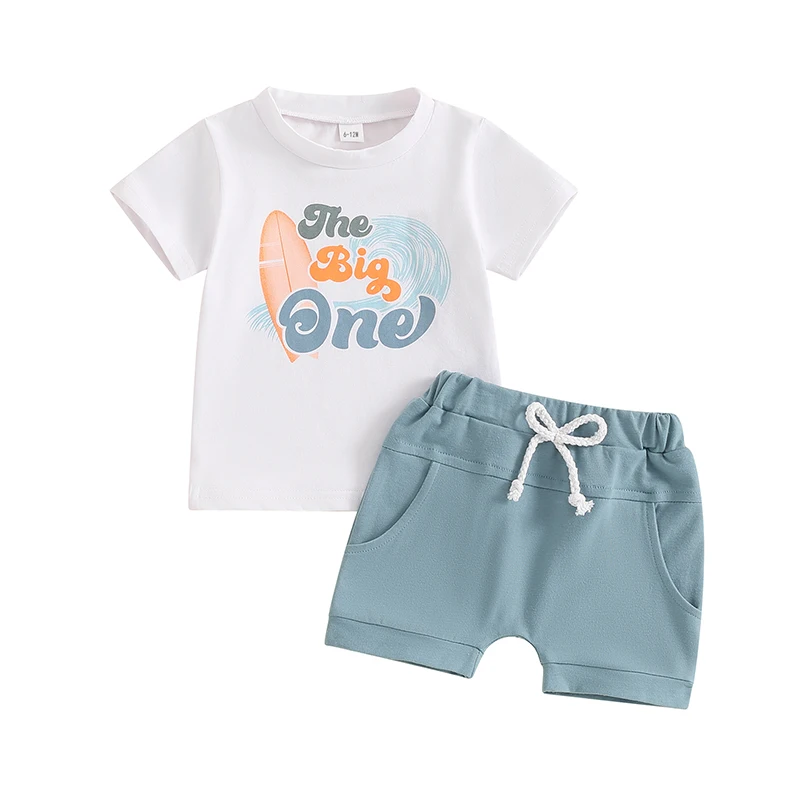 Baby Boy First Surfer Birthday Outfits Set Short Sleeve The Big One T-Shirt Shorts 2Pcs Summer Ocean Wave Clothes