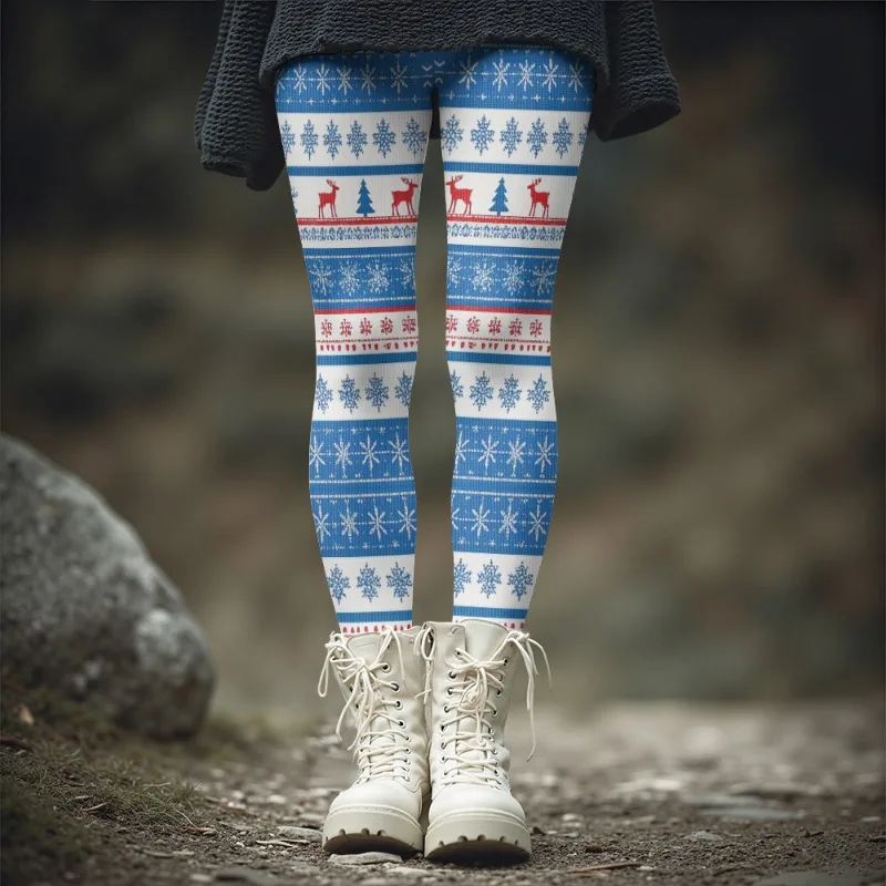 

Красочные уродливые рождественские уютные зимние термолеггинсы для женщин, праздничные скандинавские колготки с рисунком оленя, снежинки и дерева