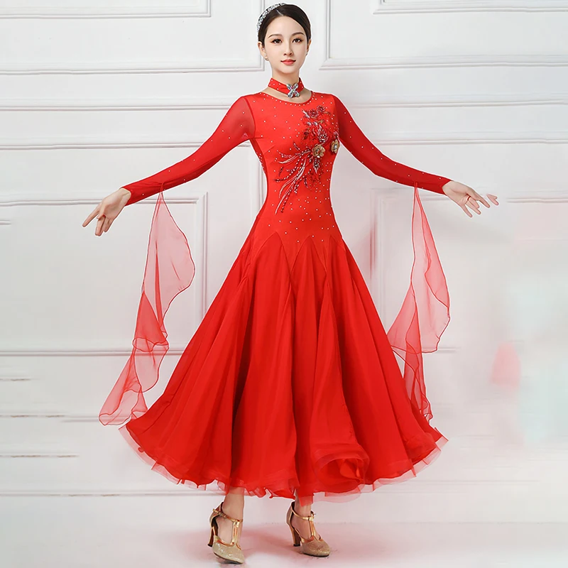 

Modern Dance Slim-fit Slimming Chiffon Vacant Yarn Long-sleeved dress Diamond-encrusted Big Swing Dance Dress Trading Dance Dres