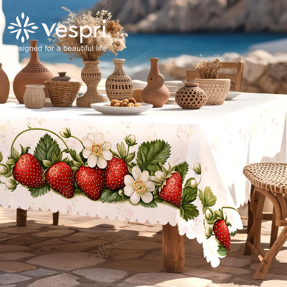 Vespri fruit tablecloth, with white and green decorations, featuring strawberries, green leaves and flowers.yzb