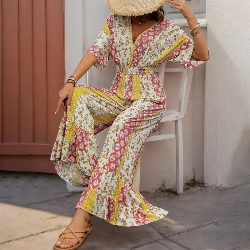 

Summer Bohemian style printed retro style waist cinched high waisted one-piece Half Sleeves Ruffle Hem Wide Leg Pants Jumpsuit