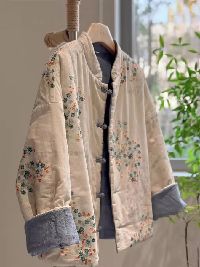 

Retro Chinese Sle Women's Cotton Jaet Floral Print Stand Collar Long Sve Coat Thiened Winter Outerwear Button Detail