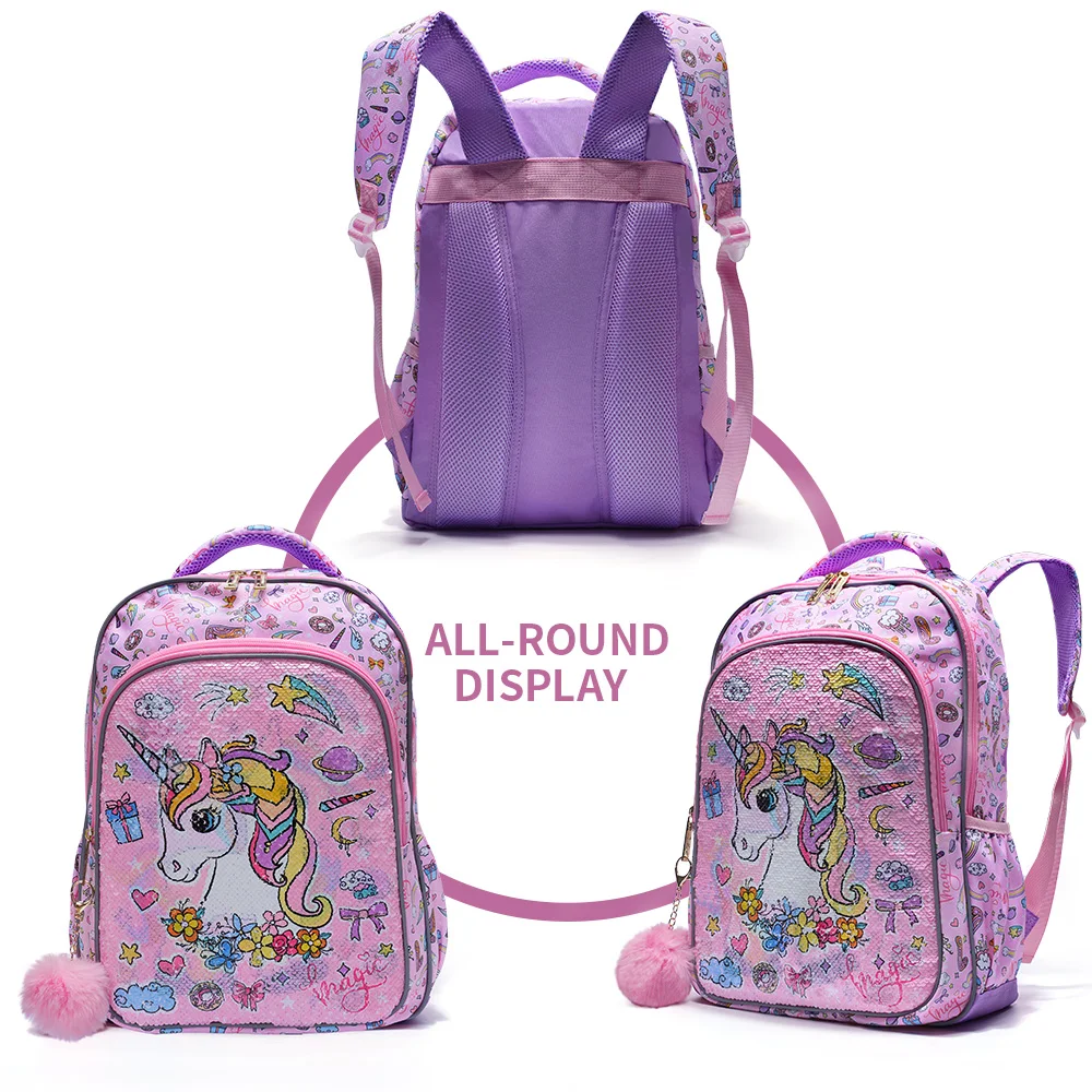 3PCS set Backpack For Girls Kids School BookBag With Lunch And Pen Bag Pink Unicorn Cute sequin Glow-in-the-dark Function