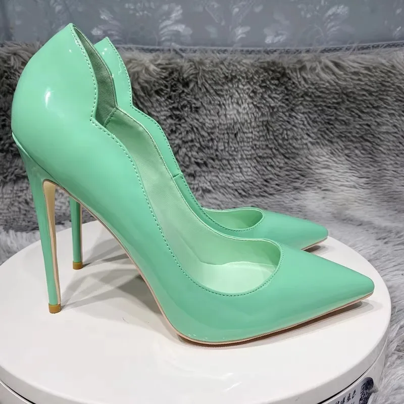 

European and American new light green sexy 12cm pointed high heels for womens shallow mouth slim heels professional single shoes