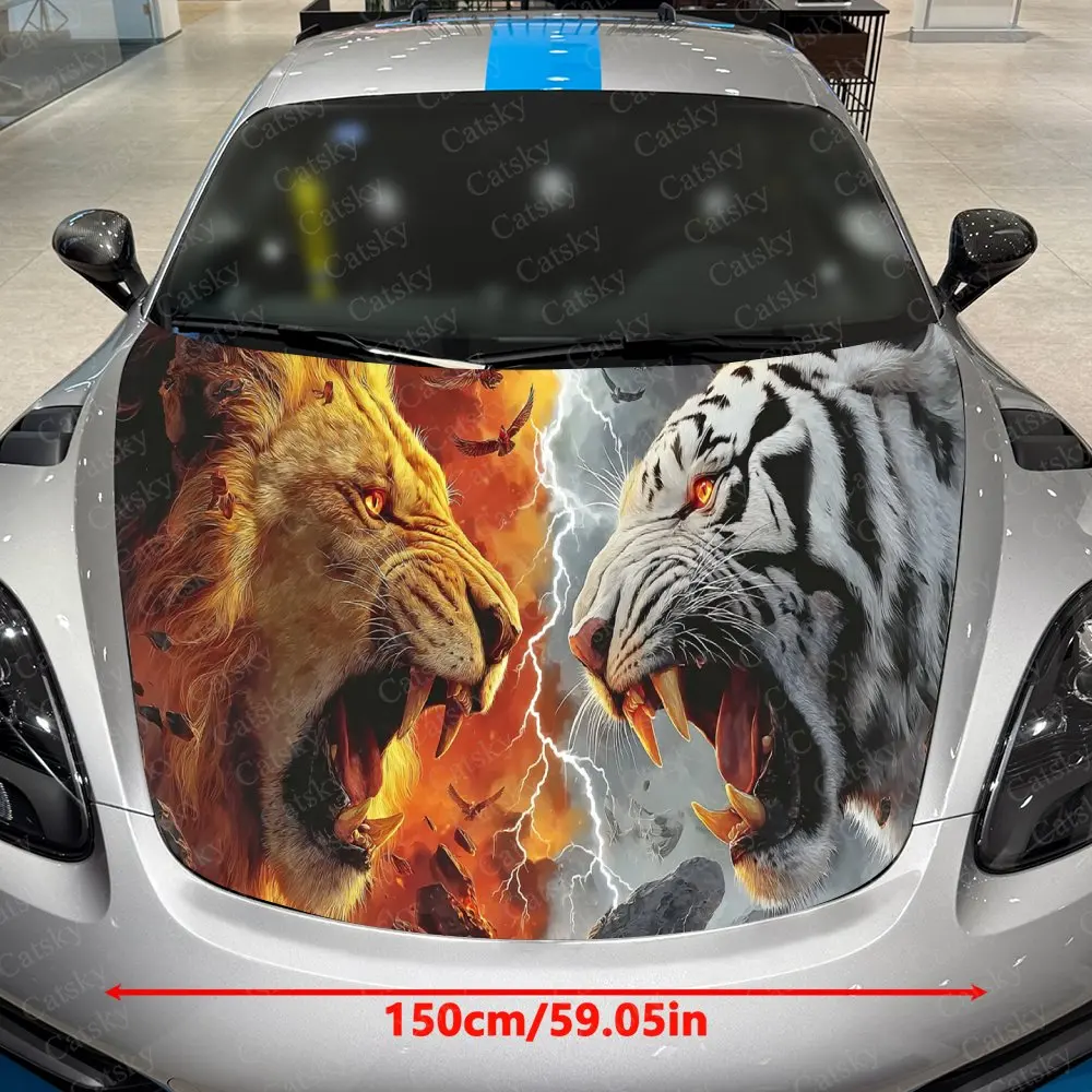 Lion vs Tiger Car Vinyl Wrap, PVC Material Waterproof Car Hood Sticker, Self-Adhesive Scratch-Resistant Stickers for Engine Cove