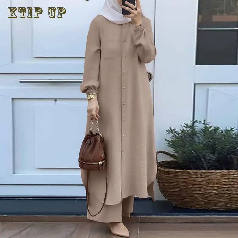 อิสลาม Ramadan Eid มุสลิมชุดผู้หญิง 2 ชิ้นชุดรัดตัวเสื้อกางเกงขากว้างดูไบ Abaya Lace Up สีทึบ Kaftan เสื้อผ้า