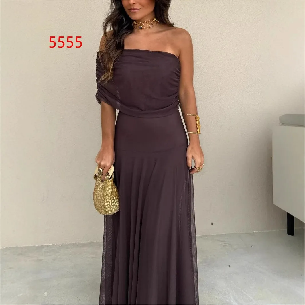 

Elegant Party Dress Strapless Mesh Long Dresses Solid Color Maxi Dress Sheer Overlay Ruched Bodice Evening Dress Flowing Skirt