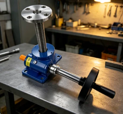 Universal Manual Screw Jack Assembly, Worm‑Gear Reducer Lifting Machine with Hand Crank & Lifting Collar for Industrial Lifting