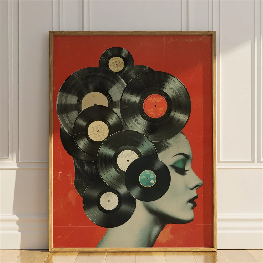 Vintage Records Wall Art Print Vintage Collage Wall Decor DJ Retro Poster 1950s Woman Music Lover Gift Canvas Painting Decor