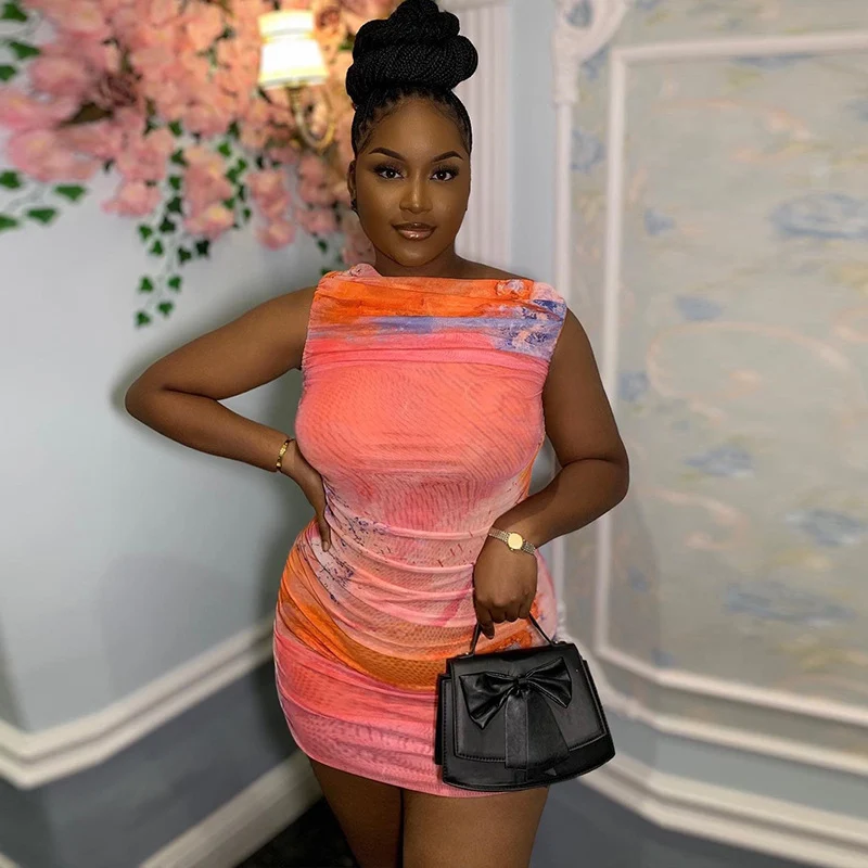 Sexy Druck Geraffte Bodycon Mini Kleid Frauen Nacht Aus Club Tragen Ärmellose Stretch Slim Fit Party Prom Kurze Kleider Geburtstag