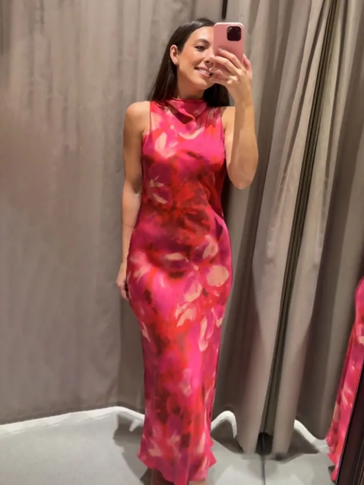 HH Women 2025 Spring New Silk Satin Texture Print Sleeveless Midi Dress Female Light Luxury Elegant Slim Long Dress Mujer