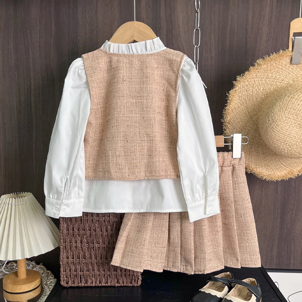 Korean Solid Color Girls' Three Piece Set Autumn White Long Sleeved Top+Khaki Vest+Pleated Skirt College Style Girls Clothes