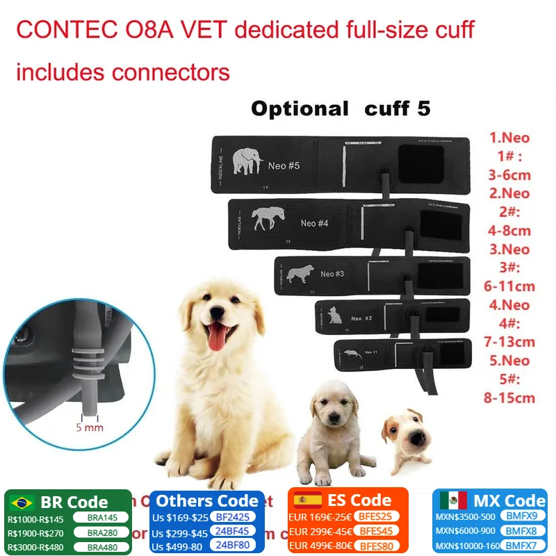 Vet Use Cuff Animals Cuff CONTEC08A Veterinary Blood Pressure Monitor Cuff 5 types Mouse/Cat/Dog/Horse/Elephant With Connector