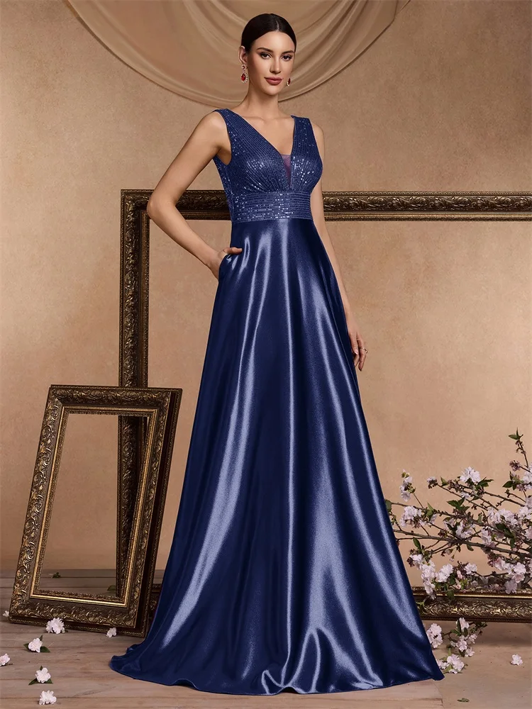 Lucyinlove Eleganckie Sukienki Wieczorowe z Cekinami Luksusowe Damskie Sukienki na Bal Maturalny z Głębokim Dekoltem w Serek Satynowe Suknie Koktajlowe Formalne do Ziemi