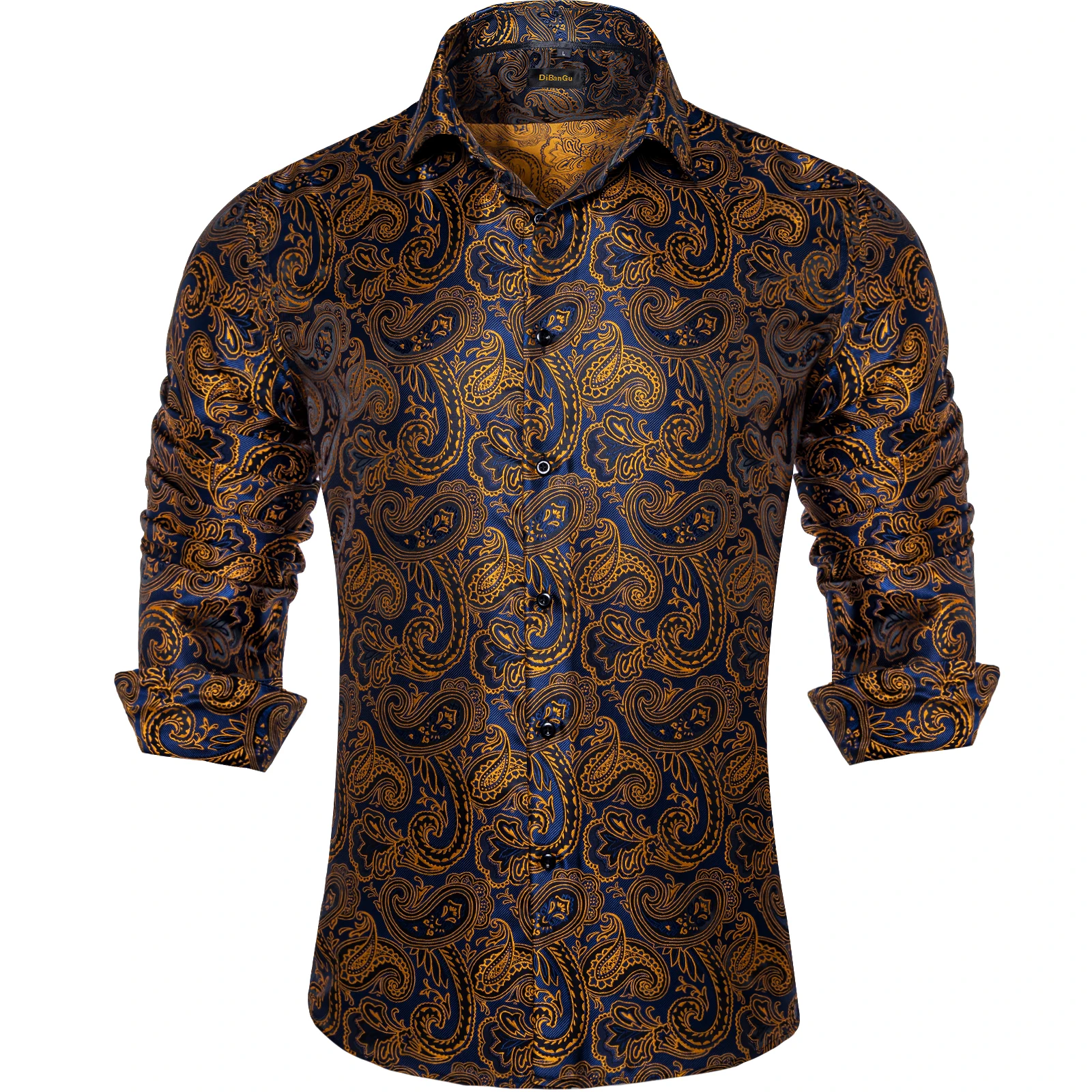 

Golden Color Paisley Blue Men's Shirt Long Sleeve Wedding Prom Social Dress Shirts Blouse Luxury Tops Brand Men Clothing