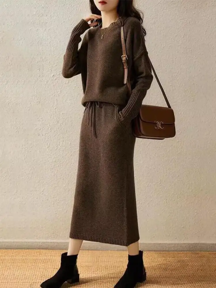 

Autumn Winter Women Two Piece Set Brown Khaki Long Sleeved Round Neck Pullover Knitted Tops And High Waist Drawstring Skirt Chic