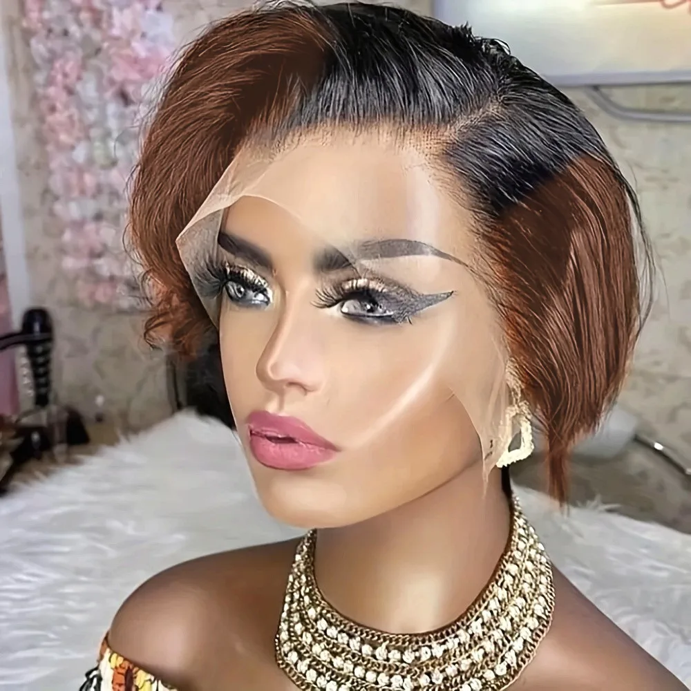 باروكة بيكسي بدانتيل أمامي 13X4 لون أسود وبني للنساء للاستخدام اليومي للحفلات شعر مستعار بقص عابث شعر مستعار قصير مفرود من شعر طبيعي #1