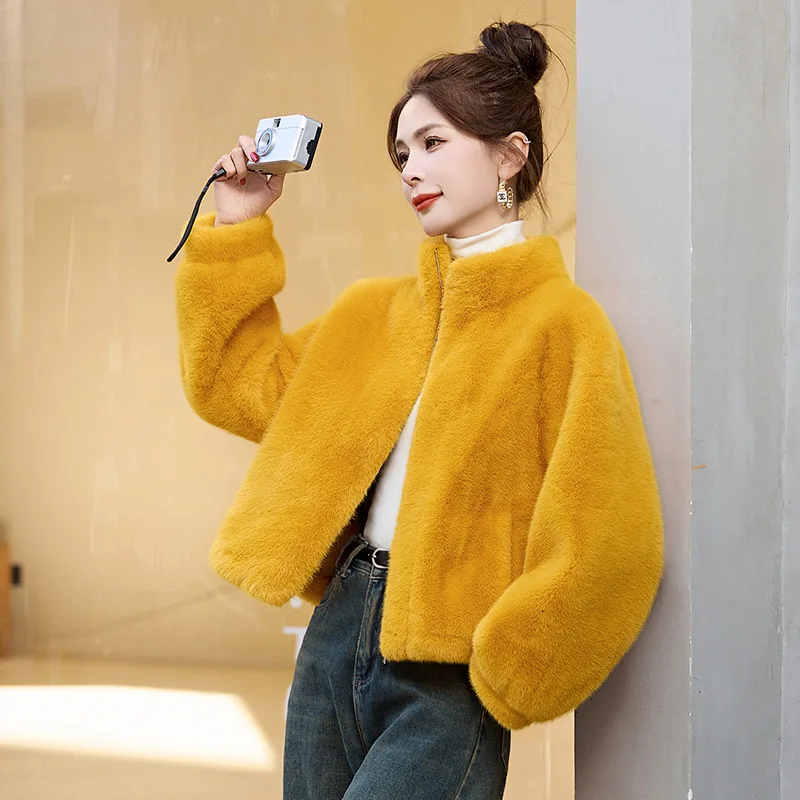 Nueva chaqueta cálida de lana similar a visón con cuello levantado para mujer, abrigos de manga larga con cremallera, abrigos de felpa cálidos sólidos con bolsillo que combinan con todo para mujer