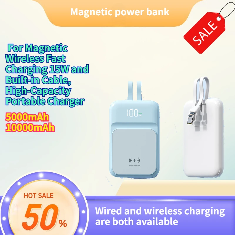 

10000mAh New Powerbank with Mag netic Wireless Fast Charging 15W and Built-in Cable, High-Capacity Portable Charger