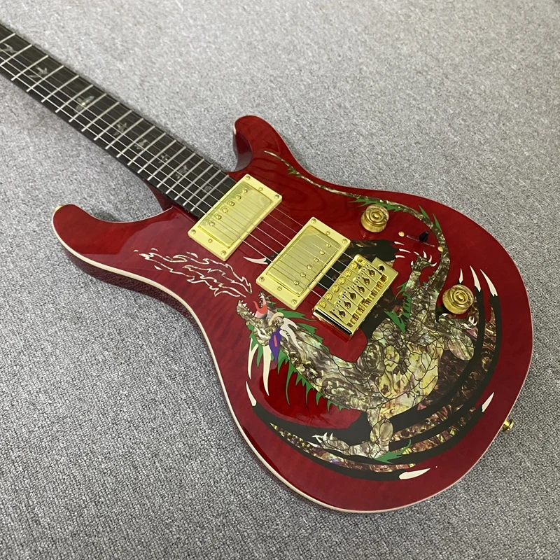 Vicers 24 Frets Red Flame Maple Top Electric Guitar Pattern Inlay Rosewood Fretboard Dual Humbuckers Gold Hardware Basswood Body 6 Strings Rock Guitar