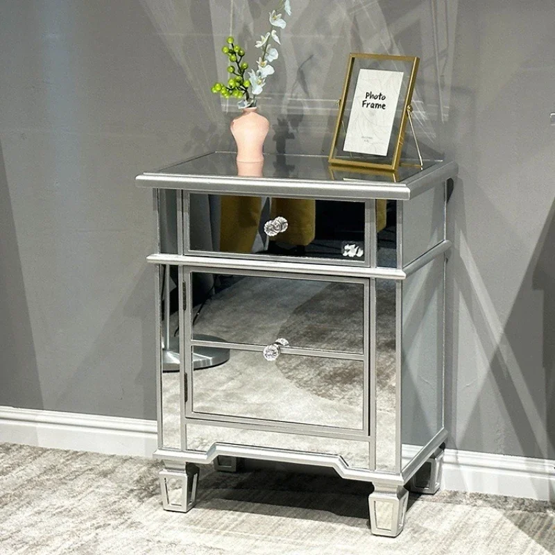 Light luxury silver mirror bedroom bedside table living room home glass three-layer drawer cabinet