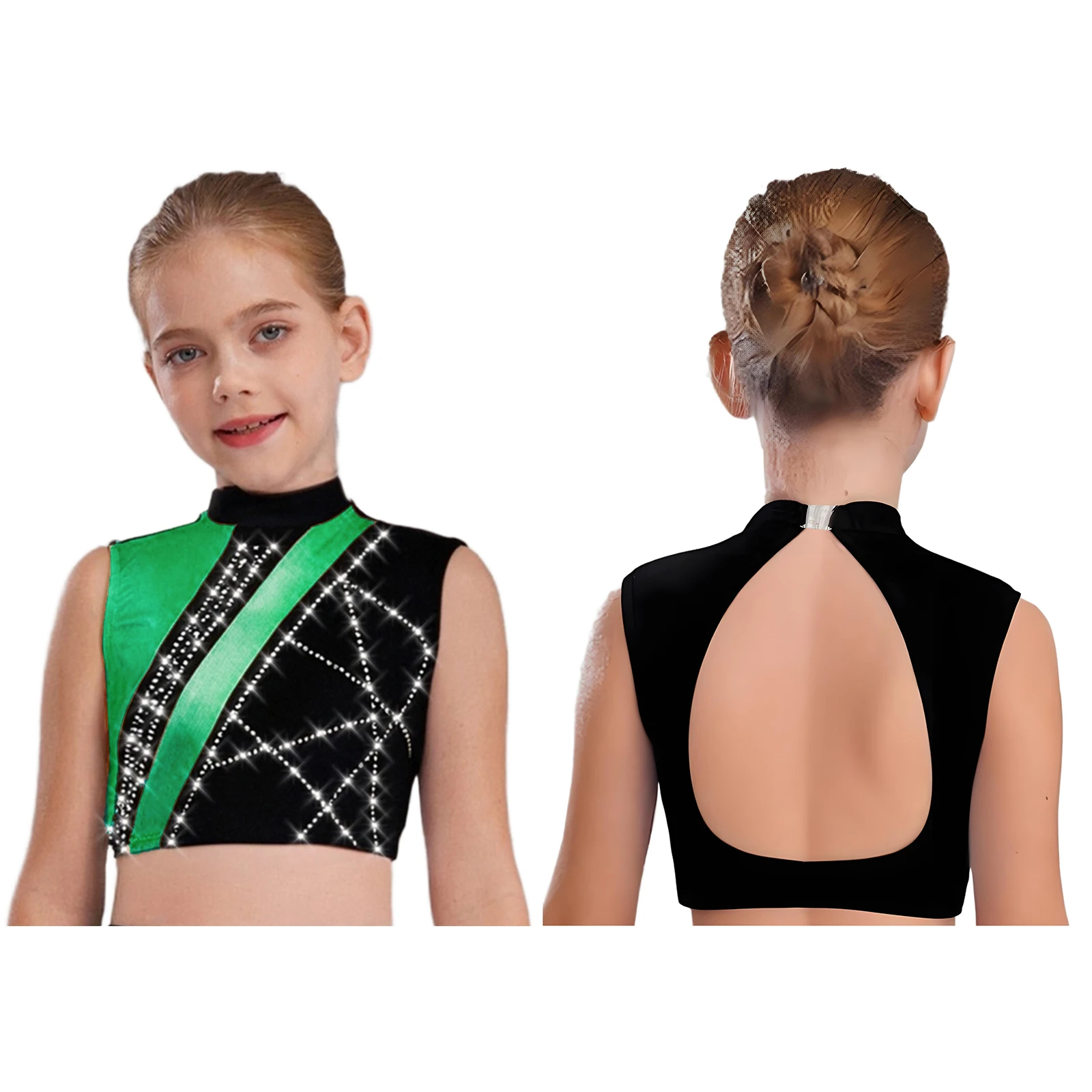 

Teen Girls Gymnastics Dance Costume Kids Sleeveless Cutout Back Rhinestones Color Block Crop Top for Ballet Jazz Latin Dancewear