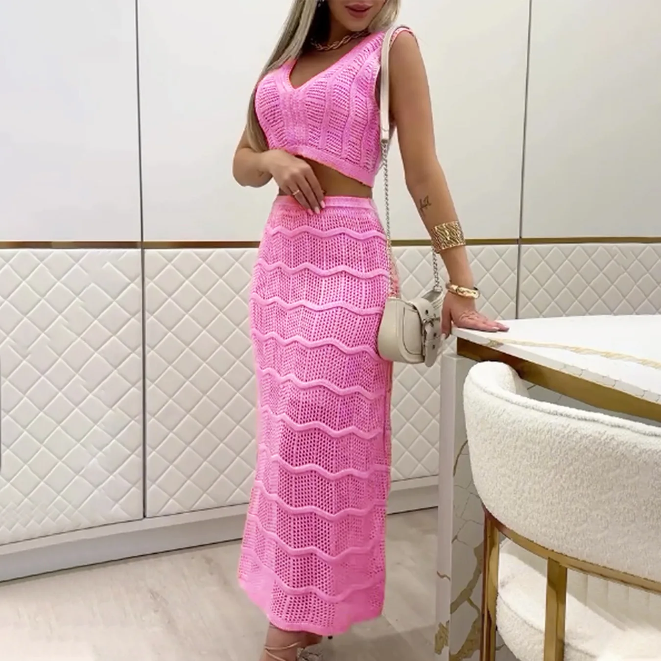 European and American women's clothing cross-border supply casual fashion sexy short suspender top split skirt set beach wear