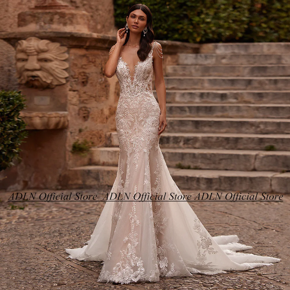 Exquisite Lace Mermaid Wedding Dress Customized Scoop Beading Applique Sweep Train Open Back Bridal Gown Robe De Mariee