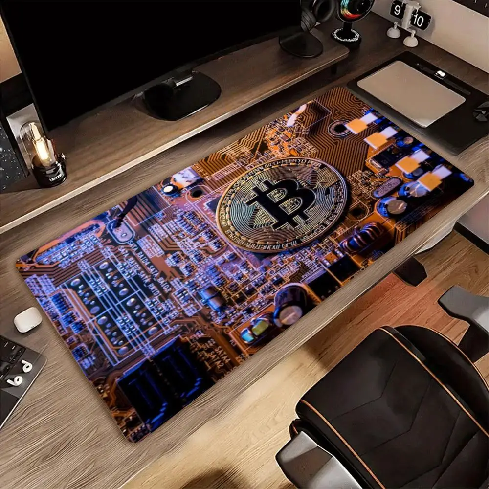 XXL Gaming Mouse Pad Bitcoin Circuit Board Gold Silver Crypto Coin Print Anti Slip Rubber Large Desk Mat For PC Laptop Gamers