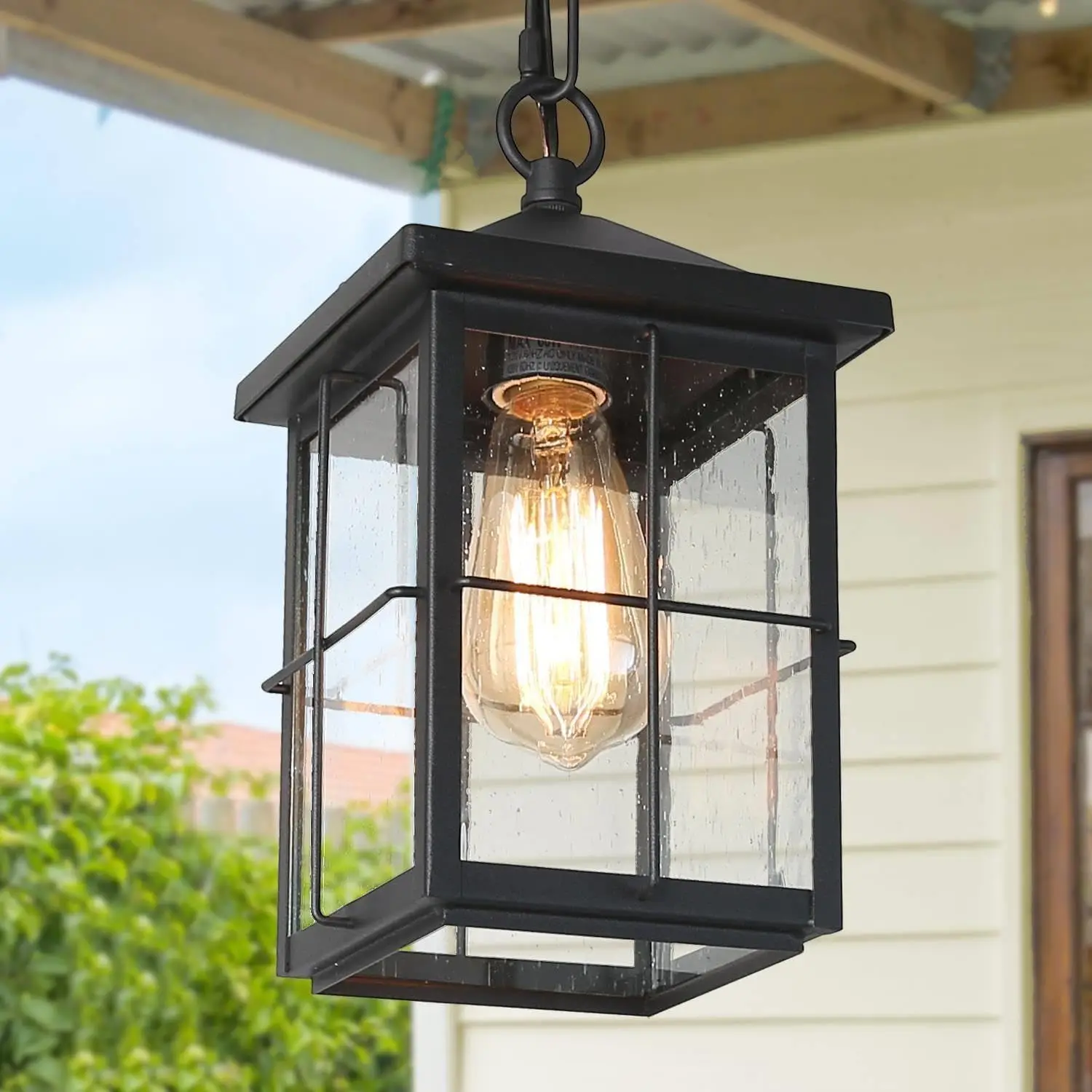 Adjustable Black Square Outdoor Pendant Light with Seeded Glass for Porch, Entry, and Gazebo - Farmhouse Style Hanging Lantern