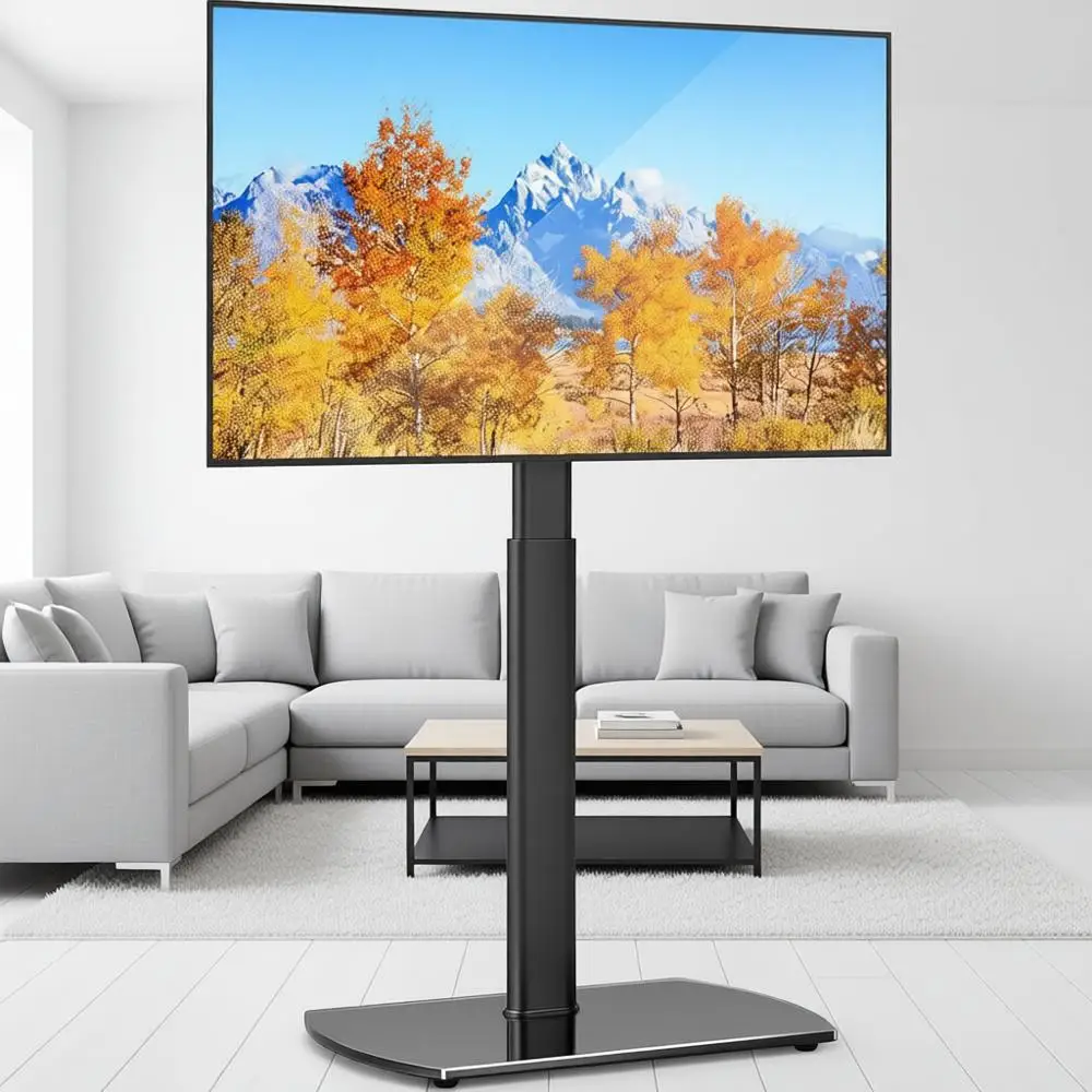 TV Stand with Mount for 27-70 Inch TVs, Swivel Height Adjustable, Space Saving Design for Bedroom Living Room, Black