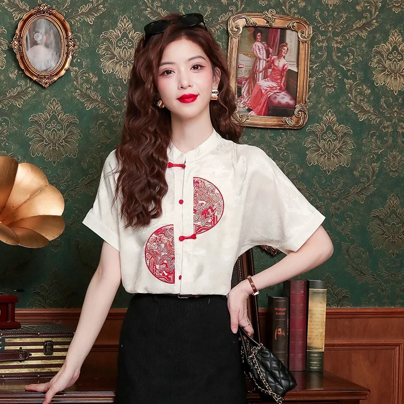Chiffon Embroidery Women's Shirt Summer Flower Chinese Style Blouses Loose Short Sleeve Women Tops Fashion Clothing
