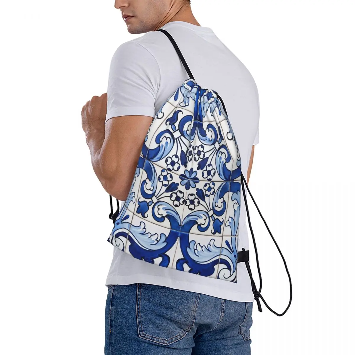 Antique Classic Lisbon Blue Azulejo Tile Floral Pattern Backpacks Fashion Drawstring Bags Shoes Bag Book Bags for Travel School