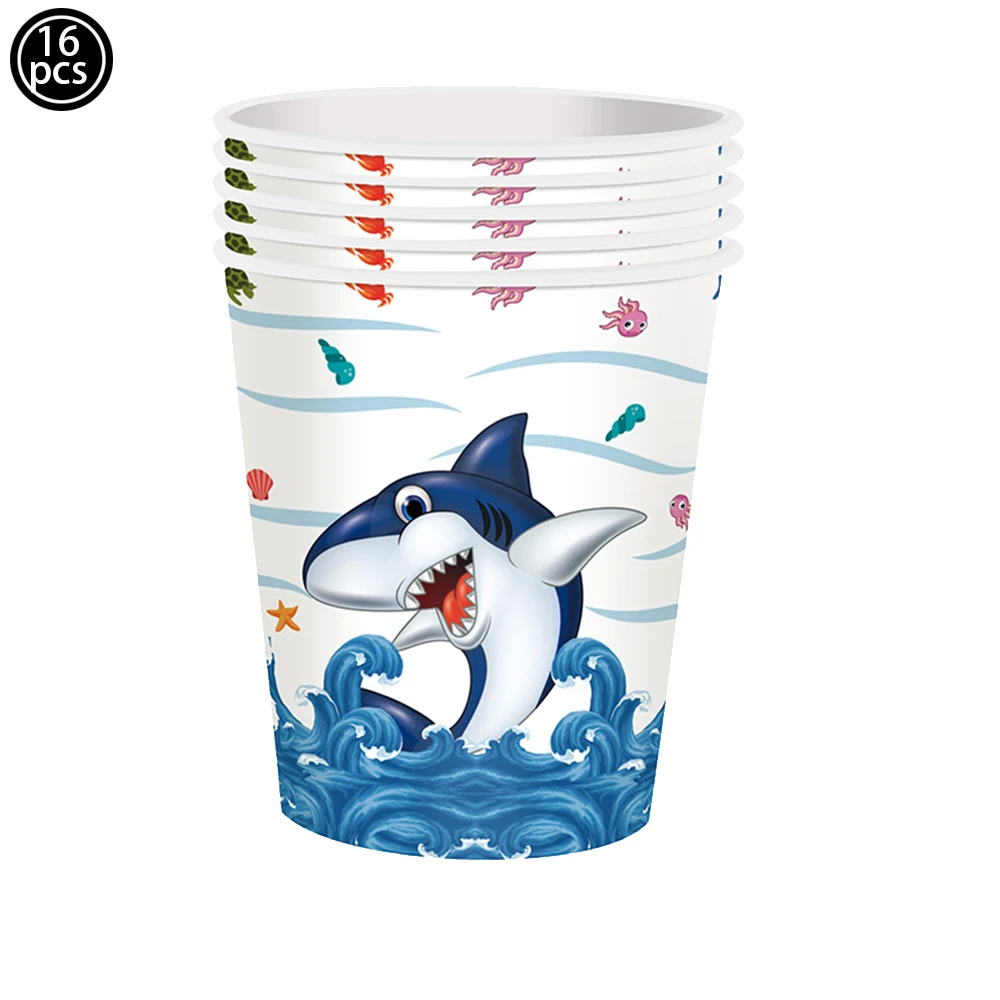 Shark Theme Disposable Tableware Shark Party Supplies Plates Cups Napkins for Boys Kids Blue Shark Pool Party Table Decorations