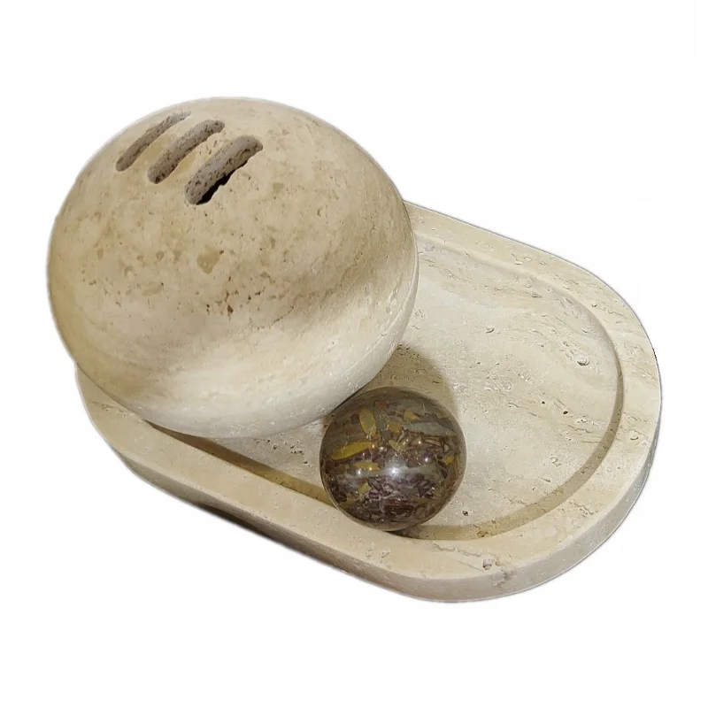 High Quality Natural Stone Beige Travertine Round Sphere Burner Incense Holder