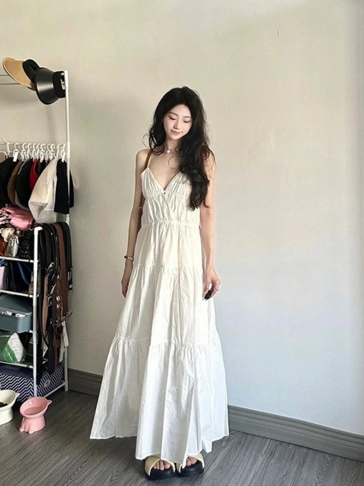 딥 브이 넥 화이트 한국 스타일 드레스 우아한 슬림 맞는 여름 드레스 독점 스파게티 스트랩 비치 맥시 휴가 여성 드레스