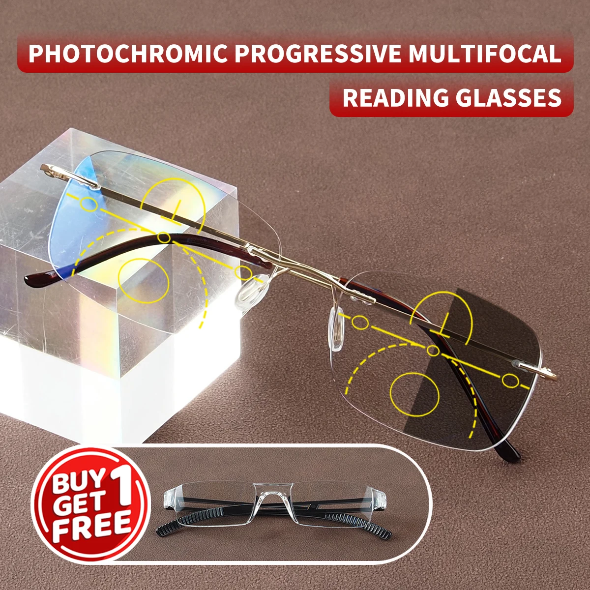Photochrome, progressive multifokale Lesebrille, stilvolles rahmenloses Design, inklusive 1 integrierter Lesebrille als Geschenk, Unisex. – Detail 1