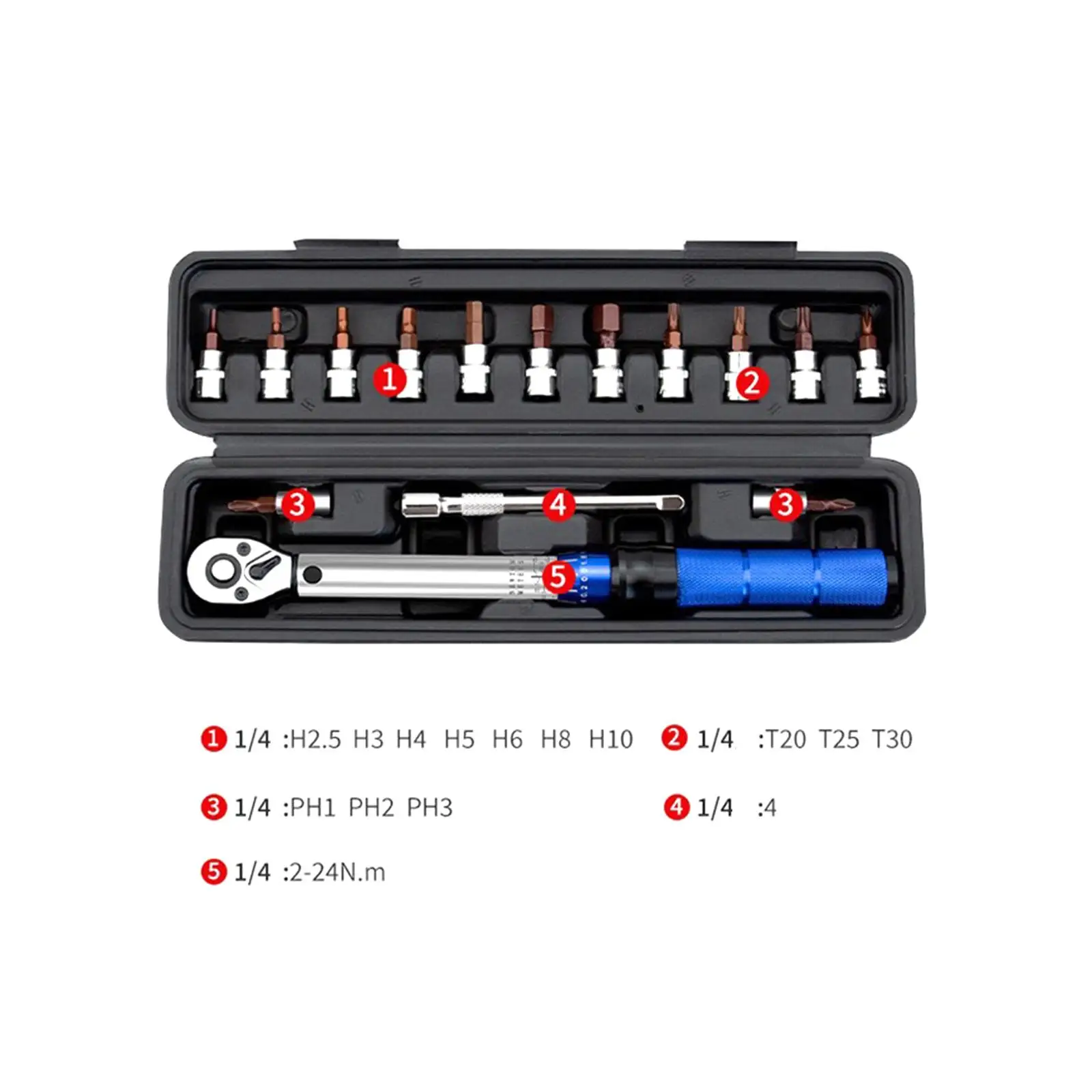 16Pcs 1/4” Drive Click Torque Wrench Set Durable Versatile Professional with Storage Box 2-24 nm Adjustable Maintenance Tool