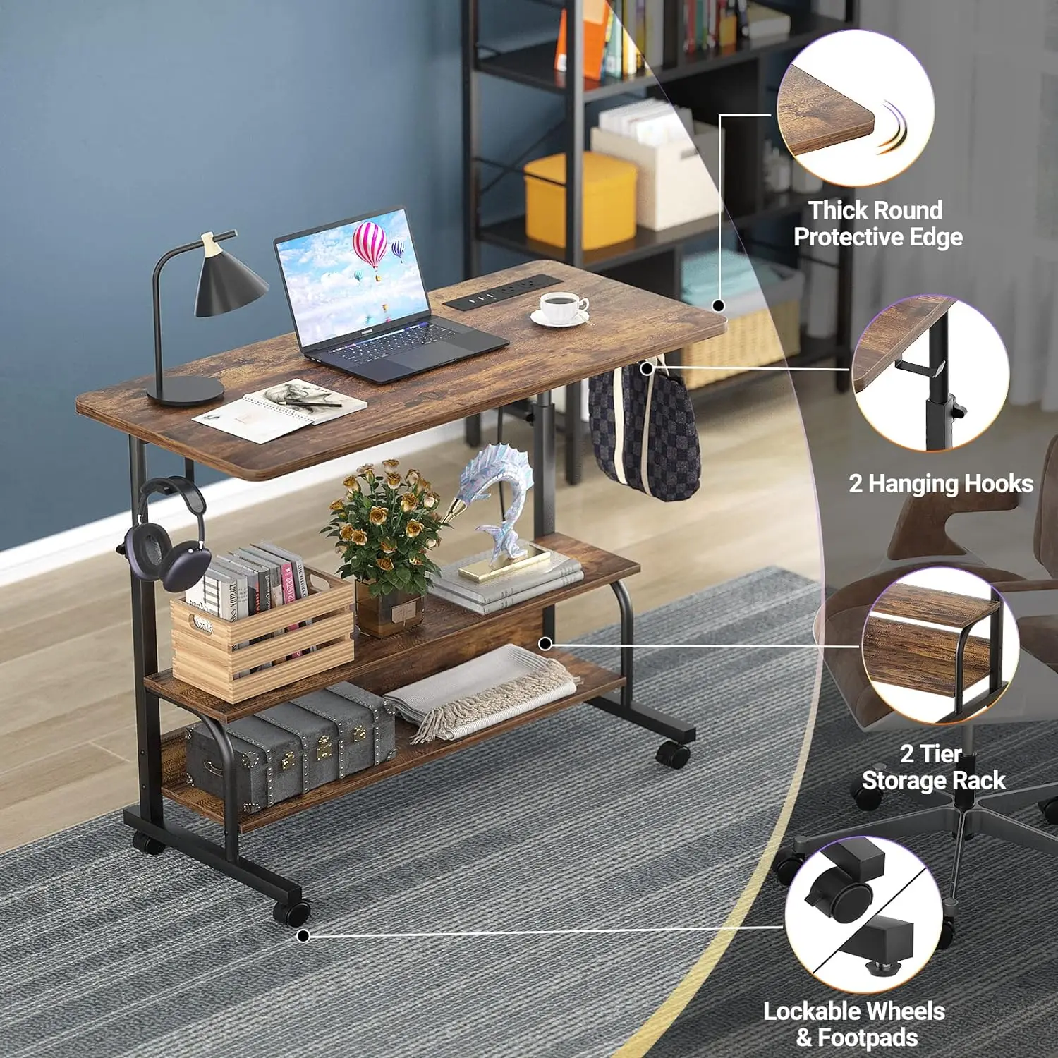 Height Adjustable Standing Desk with Power Outlet 3 Tiers with Storage Shelf Table Mobile Rolling Computer Desk for Home Office