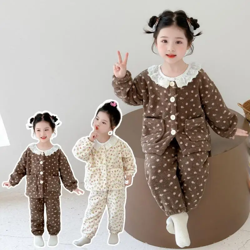

Детские фланелевые пижамы, комплект из двух предметов для девочек, осенне-зимние кружевные топы с круглым вырезом, брюки, кавайная мода, новый стиль, повседневная домашняя одежда