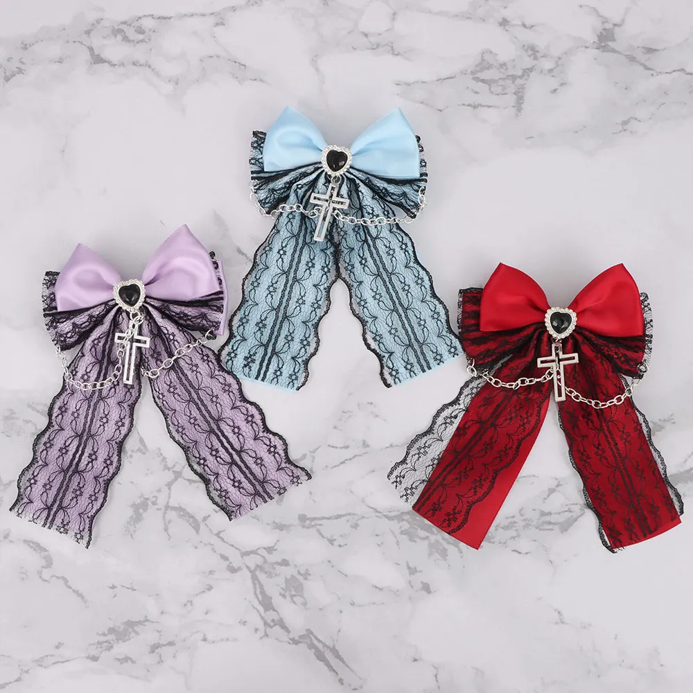 Exquisite Lace Design Gothic Hair Clip Bag Charm Japanese Style Lolita Hair Accessories Cute Bow Cross Pendant Y2K Hair Clip