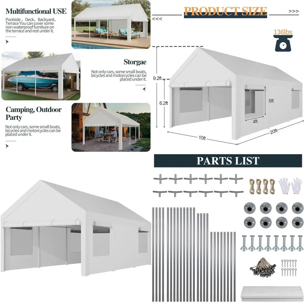 

Портативный гараж 10x20 для тяжелых условий эксплуатации со съемной боковой дверью и рулонным окном для автомобилей, грузовиков и лодок - белый