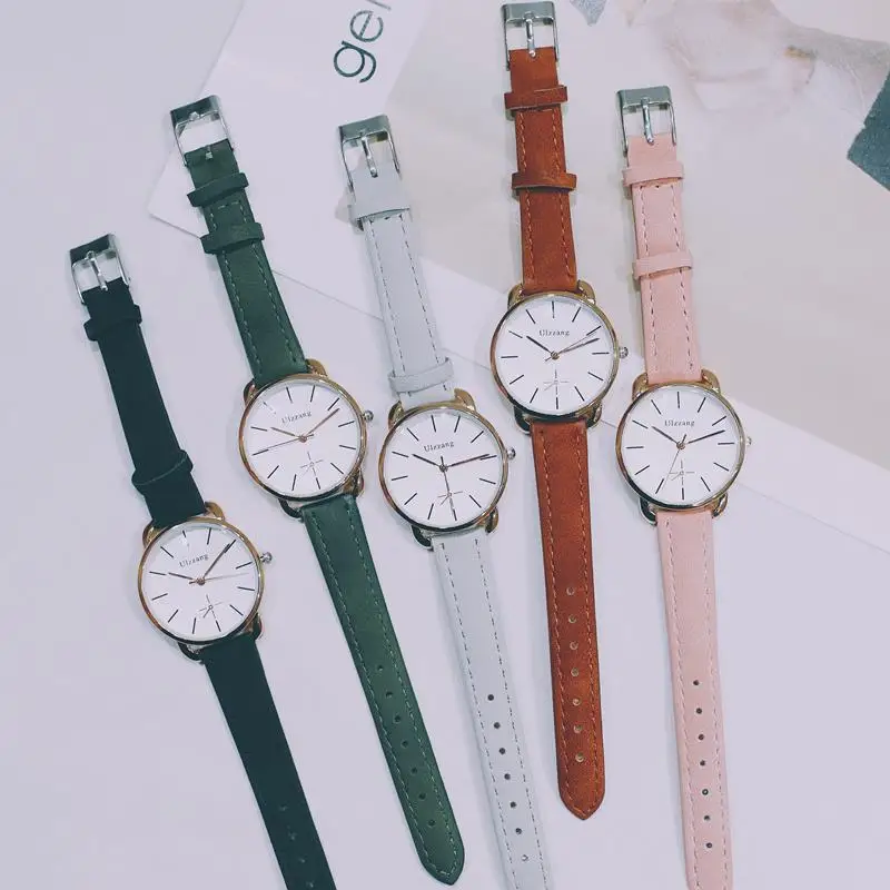 2022 Harajuku Watch Girls Student Korean Version Simple Dial with Bracelet Watch Set Leather Quartz Clock Birthday Gift