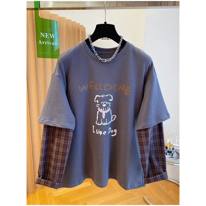 카툰 프린트 페이크 투피스 체크 긴팔 티셔츠 여성용 루즈핏 이너 셔츠 가을