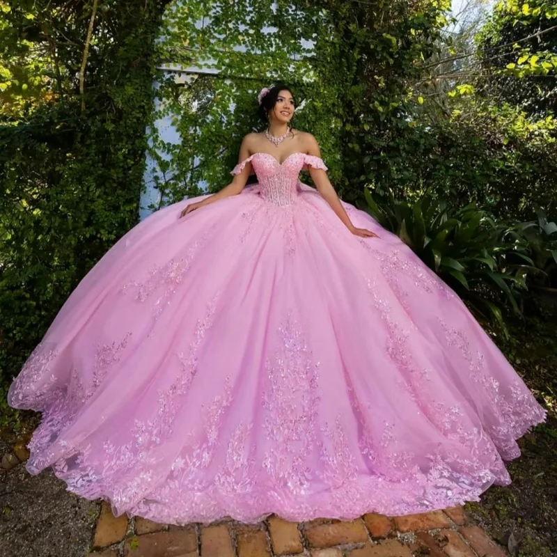Pink Quinceanera Dress off-shoulder Crystal Glitter  Flower Decal Lace Long tail Bow vestidos de 15 Quinceanera ﻿Customize