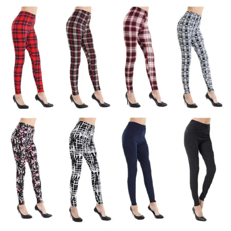 

High Waisted Striped Plaid Printed Yoga Pants Women's Slim Fit Leggings Thin Material Polyester Fiber Nine Points Pants