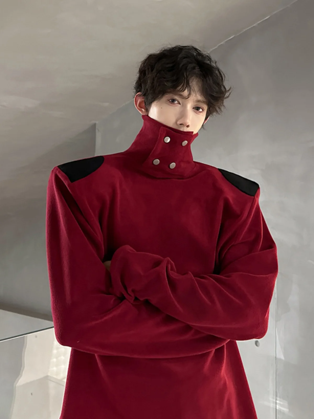 

Men's High Ne German Velvet Base irt oulder Pad Sweatirt Spring Autumn High Faion Cleanfit T-irt Cotton Polyester...