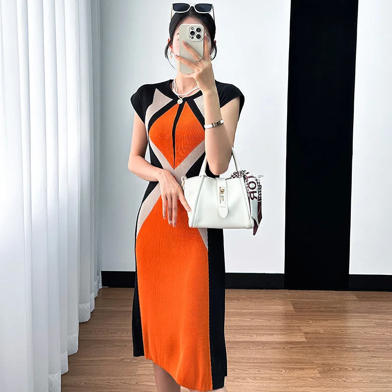 

Summer new pleated short-sleeved slim-fitting high-waisted crew neck 2025 women's dress vestido feminino